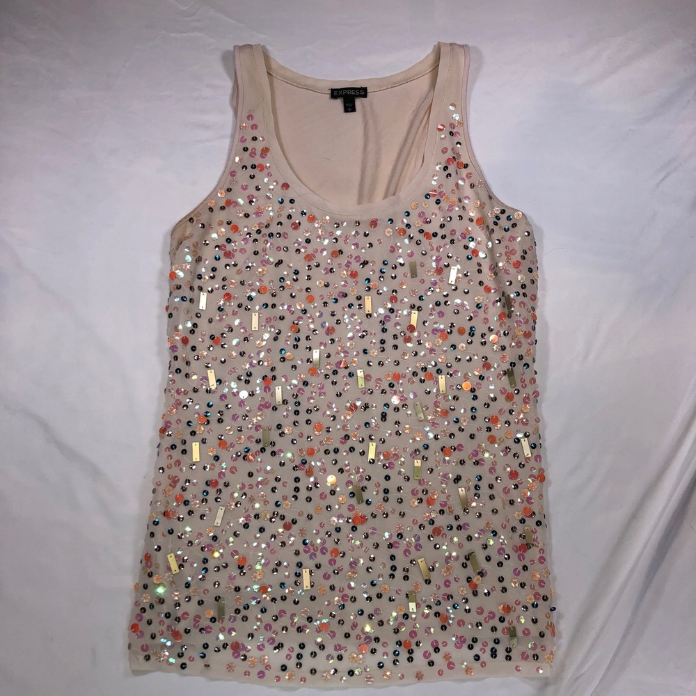 Express Womens Sequin Tank Top Beige Multi Color Embellished Scoop Neck Small